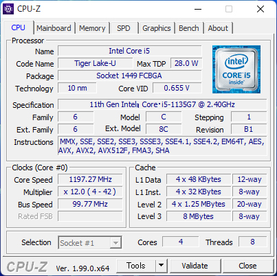CPUは4コア/8スレッドのCore i5-1135G7を搭載。ブースト時には最大4.2GHzまで上昇する