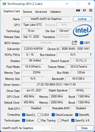 GPUはCPU内蔵のIris Xe Graphicsを使用している