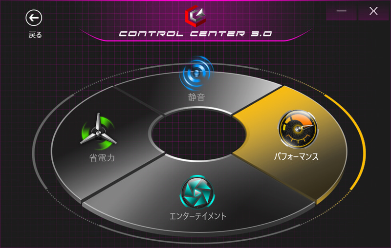 付属アプリの「CONTROL CENTER 3.0」で動作モードを設定できる。ファンの回転数制御は「自動」に設定した
