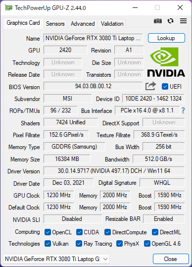 GeForce RTX 3080 Ti Laptop GPUのGPU-Zでの表示。原稿執筆時点では正式対応しておらず、一部非表示だった