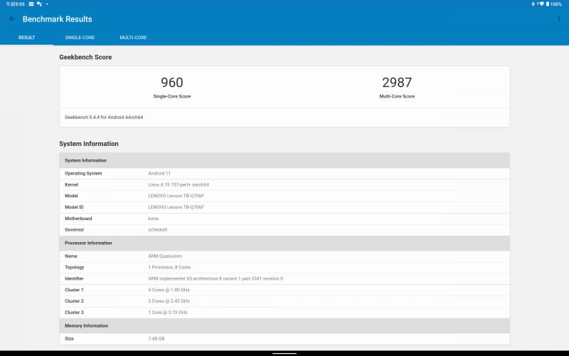 GeekBench 5(Single-core / Multi-core)。960 / 2,987(545 / 1,799)