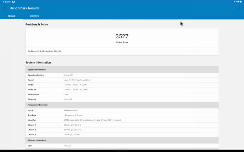 Geekbench 5。Vulkan 3,527(1,077)