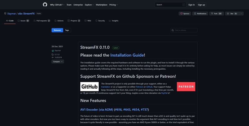 StreamFXのサイト