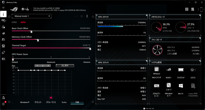 「Armoury Crate」でファンの回転数と騒音レベルが確認できる。画像は手動設定でファンの回転数を最大にしたところで、騒音は36.7dBAという表示