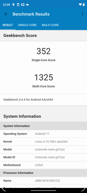GeekBench 5(Single-core / Multi-core)。352 / 1,325