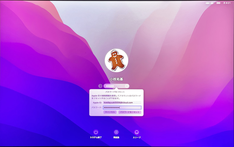 Apple IDの情報を入力し、「パスワードをリセット」をクリックすると、キーチェーンに関してのアラートが表示されます。「OK」をクリックすると再起動がかかり、「パスワードをリセット」アシスタントに移動します