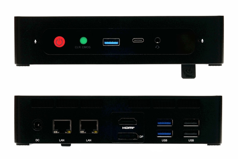 本体前面にはマイク×2、電源ボタン、CMOSクリアボタン、USB 3.0 Type-A×1、USB Type-C(データ、映像出力対応)×1、3.5mmヘッドセット端子×1、本体背面には電源端子、有線LAN(2.5GBASE-T)×2、HDMI×1、DisplayPort×1、USB 3.0 Type-A×2、USB 2.0×2を配置