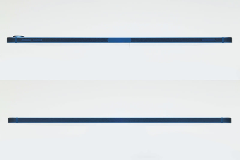 右側面(上)にはボリュームボタン、磁気コネクタ、SIMカードトレイを配置