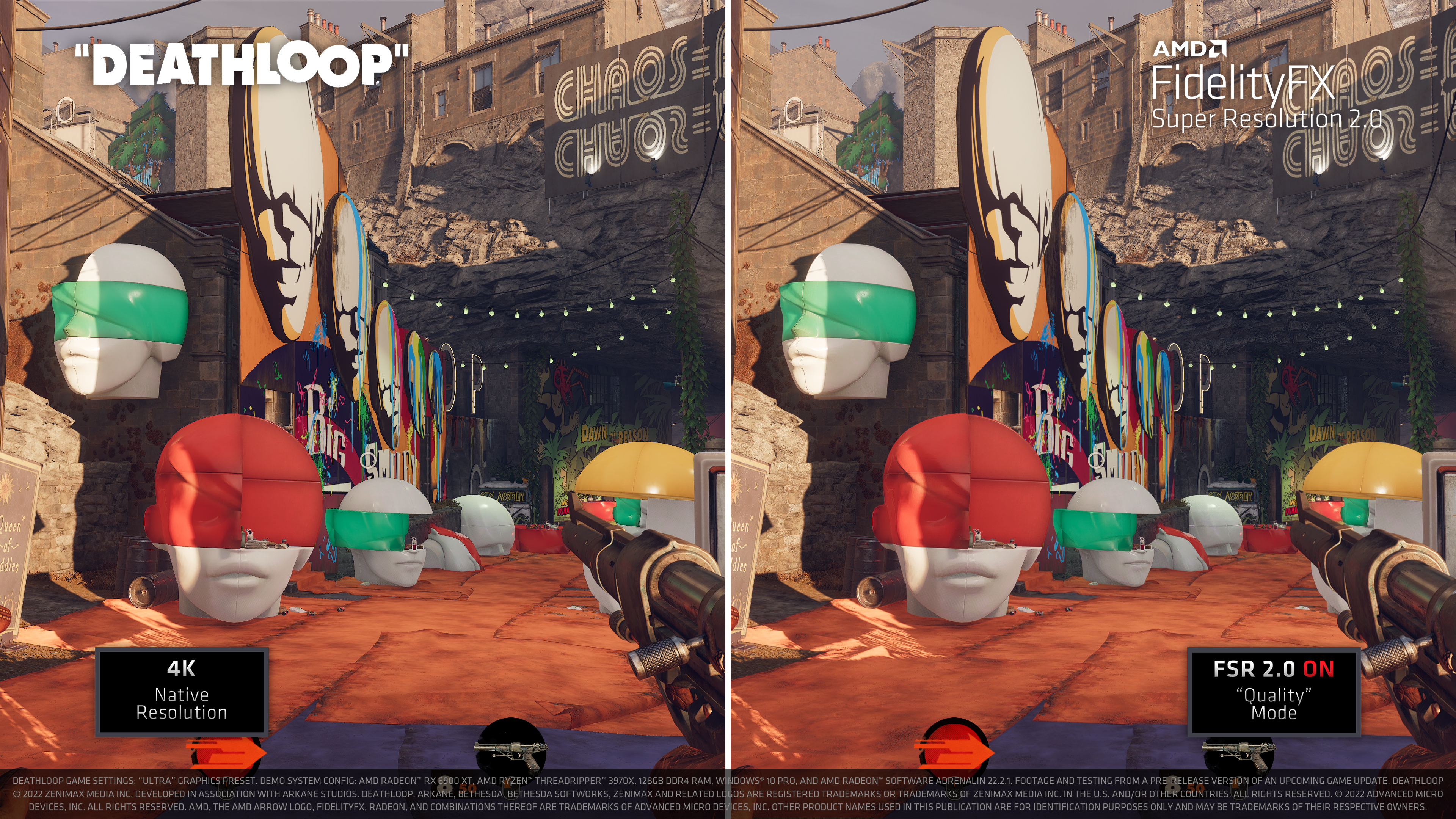 DEATHLOOPにおけるFSR 2.0の実装。左が4Kネイティブ、右がFSR 2.0のクオリティモード