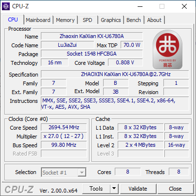 CPU-Zでの表示。L3キャッシュやAVX2がないところは気になる。