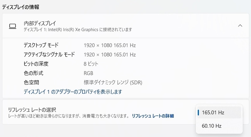 ディスプレイには165Hzのリフレッシュレートに対応したゲーム仕様のものを搭載している。サイズは15.6型で解像度は1,920×1,080ドットだ