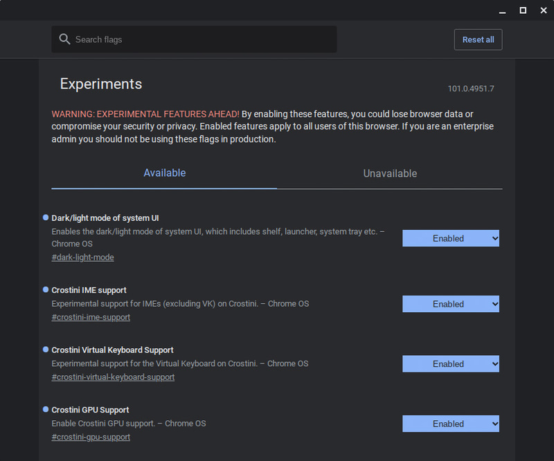 chrome://flagsのIME関連フラグ。執筆時点ではEnableにしても作動しない。ついでにChrome OSのダークモード(#dark-light-mode)と、Linux環境でのGPU使用(#crostini-gpu-support)もEnableに