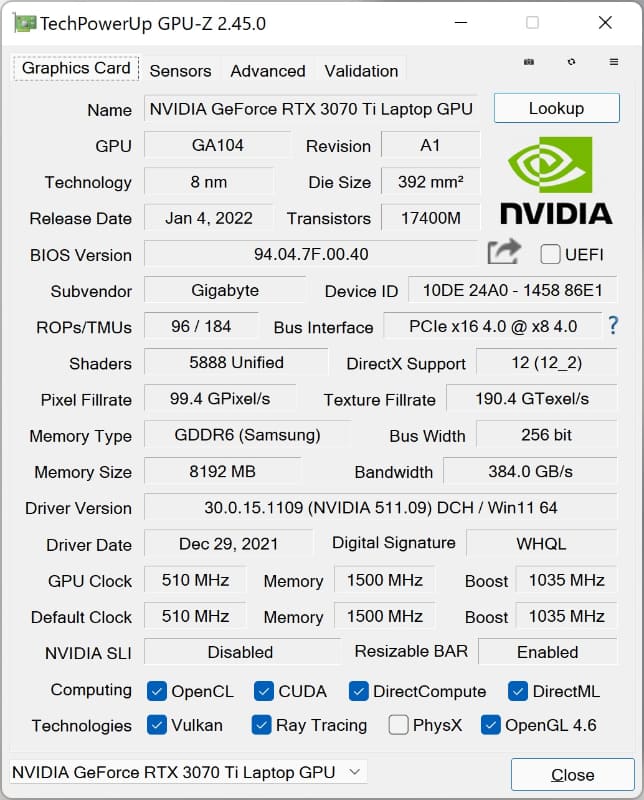 GPUはNVIDIA GeForce RTX 3070 Ti Laptopを搭載。最新のゲームタイトルを高解像度高画質で快適にプレイできる描画性能、AIを活用した超解像処理や特殊効果などクリエイティブでもメリットは大きい。最大グラフィックスパワーは105Wだ
