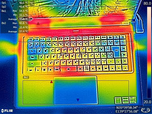 FINAL FANTASY XIV：暁のフィナーレベンチマーク(3,840×2,400／最高品質)の最終盤にFLIR ONEで撮影したサーモグラフィ(室温23℃)。厚みのある大柄なノートPCに比べると発熱は大きめだ