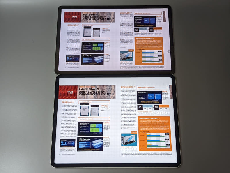 単ページ表示と違い、見開きで横に2ページ並べると横長の画面にフィットし、上下に大きな余白ができる12.9インチiPad Pro(下)と表示サイズはほぼ等しくなる