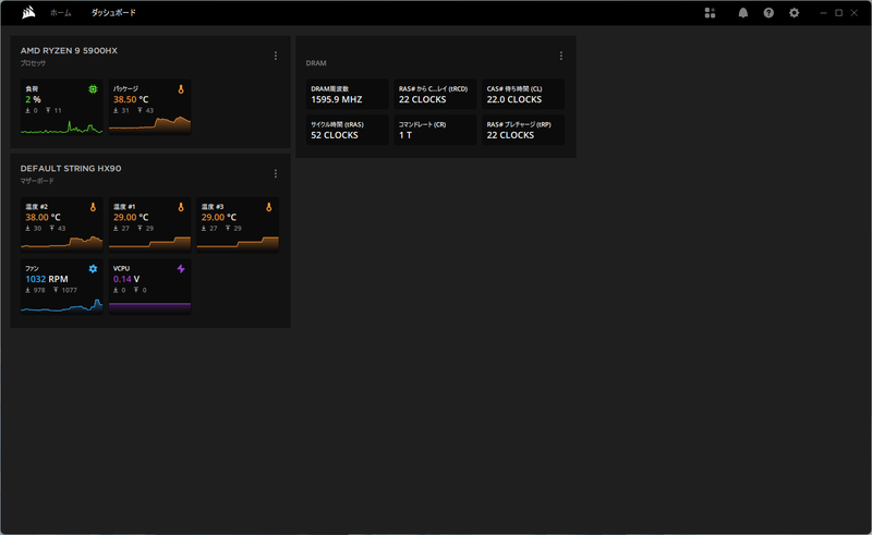 「ダッシュボード」タブには、CPU負荷やマザーボードの温度、メモリ周波数など、ハードウェア関連の情報を表示するパネルが設置されている。ドラッグ&ドロップで位置を入れ替えたり、画面右上のベントーアイコンからパネルの表示/非表示を設定できる