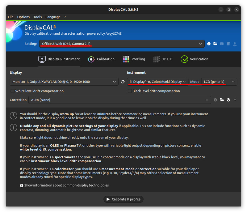 SettingsをOffice & Web(D65, Gamma 2.2)へセット(通常用途の場合)。Display &instrumentは特に触らず