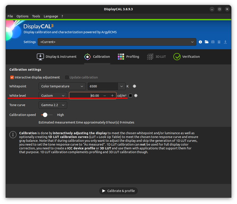 CalibrationはWhite LevelをCustomにして輝度を指定する。通常100から120だが、筆者の作業用としては眩しいので60としている(100と2つ用意し切替)