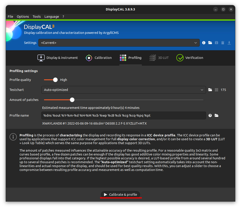 Profillingは特に触らず、[Calibrate & profile]をクリック