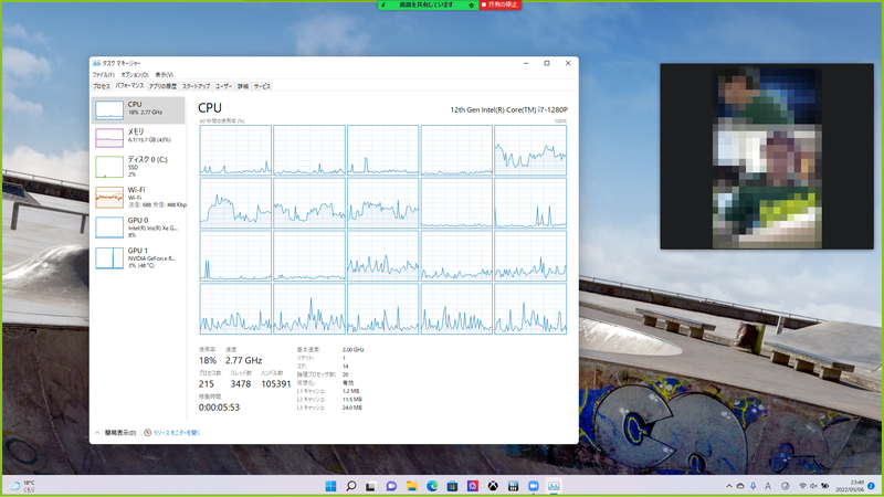 Zoomで3人同時接続し、バーチャル背景と画面共有を実行したときのCPU使用率。わずか18%程度だ
