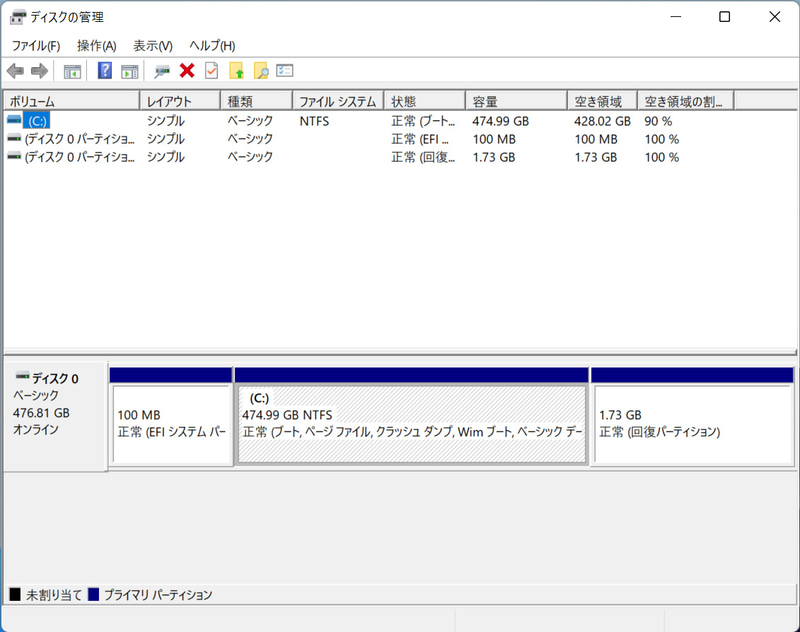 ストレージのパーティション。C:ドライブのみの1パーティションで約474GBが割り当てられている