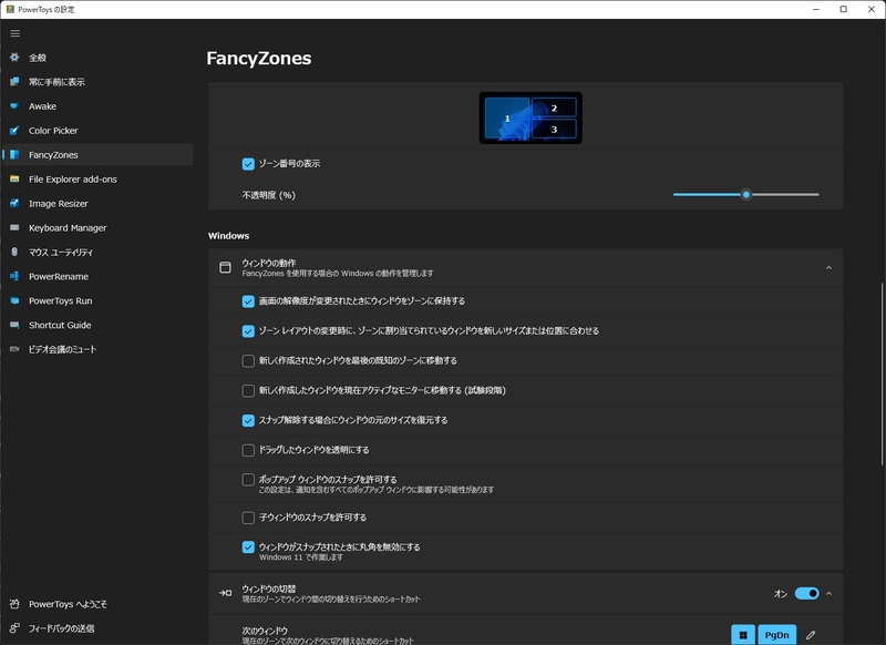 リモートデスクトップ上でもFancyZonesも問題なく動作