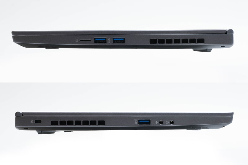 右側側面にはmicroSDメモリーカードリーダ、USB 3.0×2、左側面にはUSB 3.1、マイク入力、3.5mmヘッドフォン出力を用意