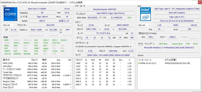 「HWiNFO64 Pro」で取得したシステムの概要