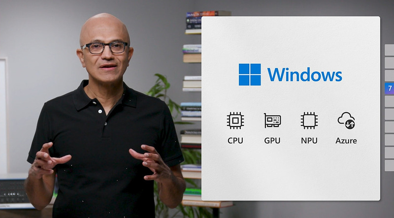ローカルのCPU、GPU、NPUに加えて4つめのプロセッサとしてAzure上のプロセッサがシームレスに利用可能になる「Hybrid Loop」の構想を発表するMicrosoft CEO サティヤ・ナデラ氏
