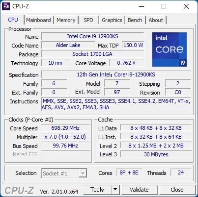 CPU-Zでの表示。Pコアが8コア、Eコアが8コアという仕様だ。3次キャッシュは30MB。GPUとしてUHD Graphics 770を内蔵する