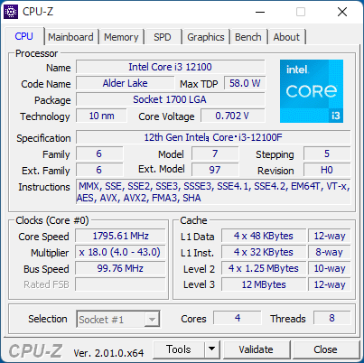 CPU-Zでの表示。Pコアが4コアという仕様でEコアは搭載されていない。3次キャッシュは12MBでGPUは非搭載だ