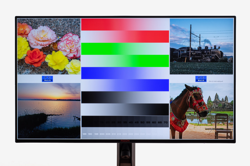 色評価用の写真を表示させてみた。各色がとても鮮やかかつ滑らかに発色している。写真の見え方も自然で破綻がない