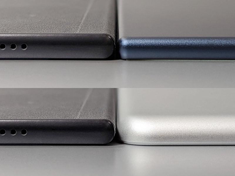 厚みの比較。左はいずれも本製品、右上はBOOX Note Air2、右下は第9世代iPad。BOOX Note Air2よりも厚いがタブレットとしてはかなり薄い部類に入る