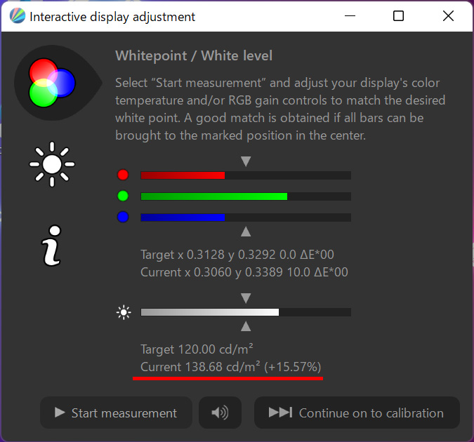輝度-5で138cd/平方m。グリーンが結構強いのが分かる
