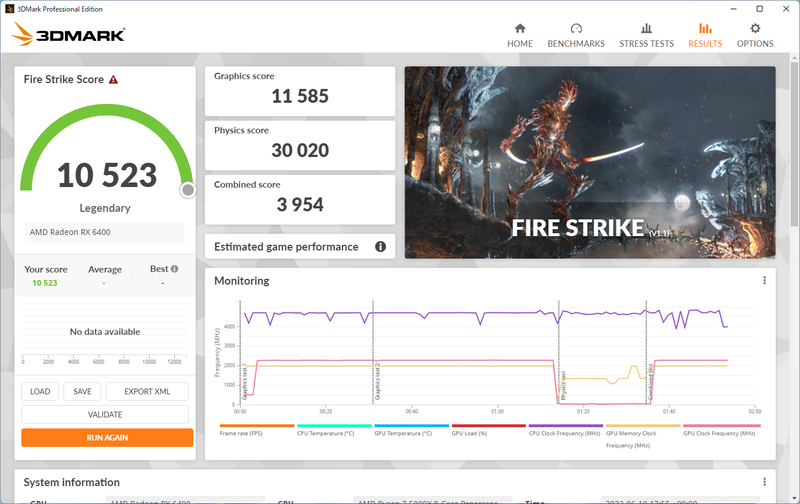 3DMark「Fire Strike」。スコアは10,523