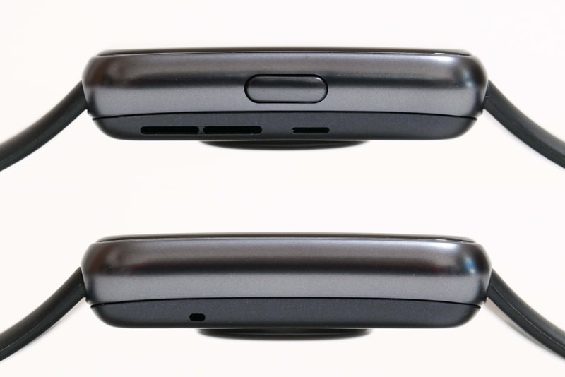 右側面(上)にサイドボタン、スピーカー、空気圧穴、左側面(下)にマイクを装備