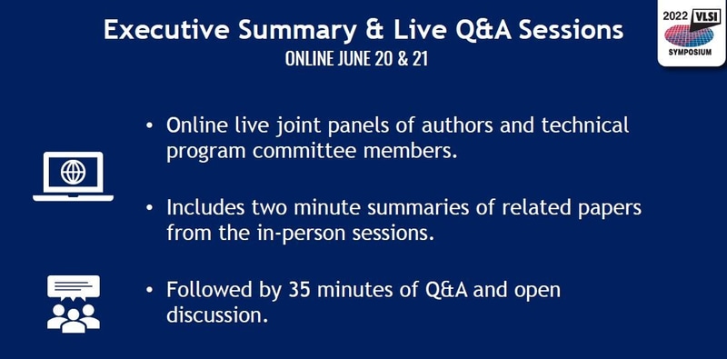 6月20日～21日にオンライン開催されるライブセッション(質疑応答など)の概要。2022年5月31日(米国時間)に米国のVLSIシンポジウム実行委員会がオンライン開催した報道機関向け説明会の発表スライドから