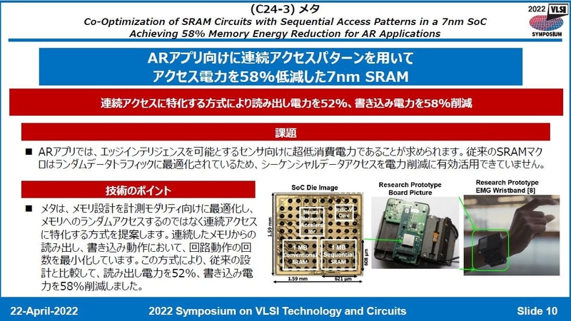 Metaが開発した、シーケンシャルアクセスに特化した低消費電力SRAMマクロ(論文番号C24-3)。2022年4月22日に日本のVLSIシンポジウム実行委員会がオンライン開催した報道機関向け説明会の発表スライドから