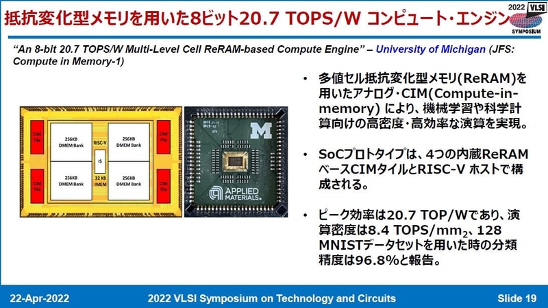多値記憶の抵抗変化メモリを利用してアナログのコンピューティングインメモリチップを試作したUniversity of Michiganの研究成果(論文番号JFS4-1)。2022年4月22日に日本のVLSIシンポジウム実行委員会がオンライン開催した報道機関向け説明会の発表スライドから
