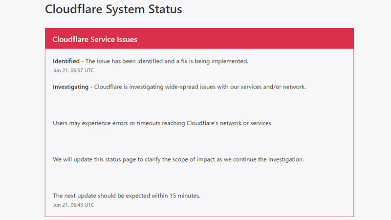 Cloudflareのサービスステータス(21日16時頃)