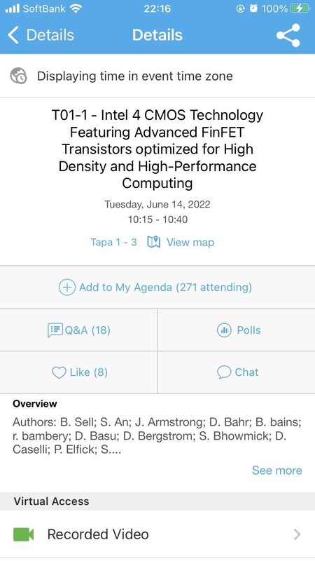 講演タイトル(たとえばT01-1)をタップ(あるいはクリック)すると、講演の詳細画面に移動する。講演「T01-1 Intel 4 CMOS Technology……」の詳細画面では、開催日時と開催時間、My Agendaに追加済の人数、著者名、コンテンツなどを表示する