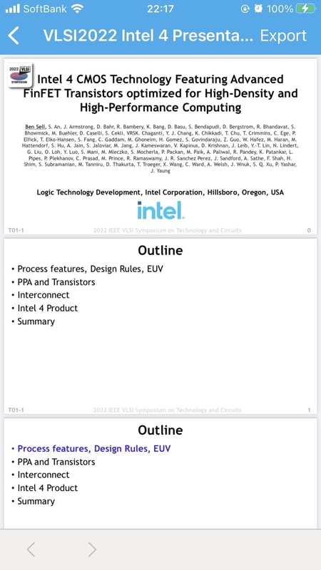 講演「T01-1 Intel 4 CMOS Technology……」の詳細画面から講演スライド(PDF形式)のアイコンをタップ(あるいはクリック)したところ。講演スライドが表示された状態