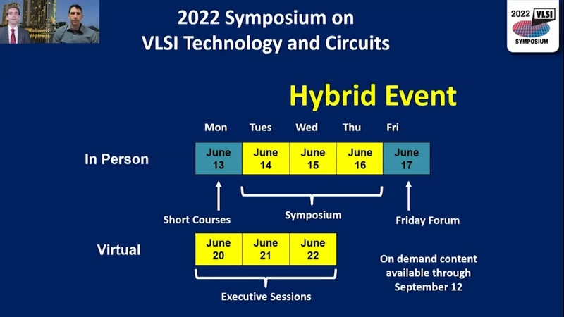 VLSIシンポジウムのスケジュール。6月13日の週にリアル(インパーソン)イベント、6月20日の週にバーチャルイベント(ライブイベント)を実施する。6月14日の午前8時～午前8時25分に開催されたオープニングセッション(開会挨拶)のスライドから
