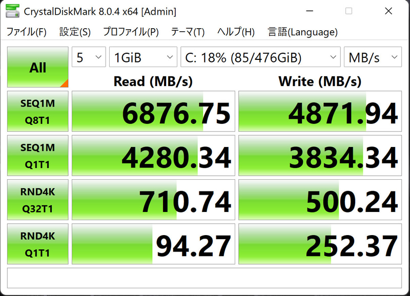 「CrystalDiskMark」の結果
