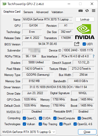GeForce RTX 3070 Ti LaptopのGPU-Z実行画面