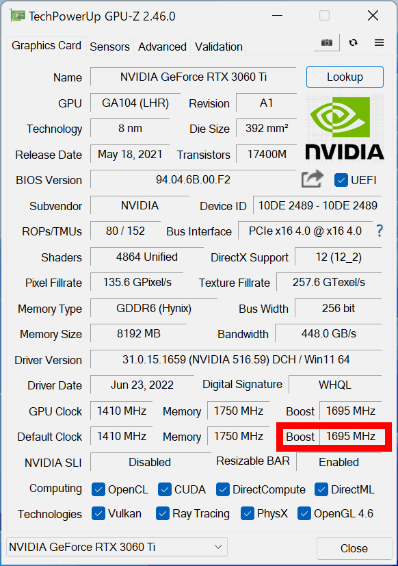GPU-Zでの表示。ブーストクロックが定格の1,665MHzから1,695MHzにアップさせたOCモデルだ
