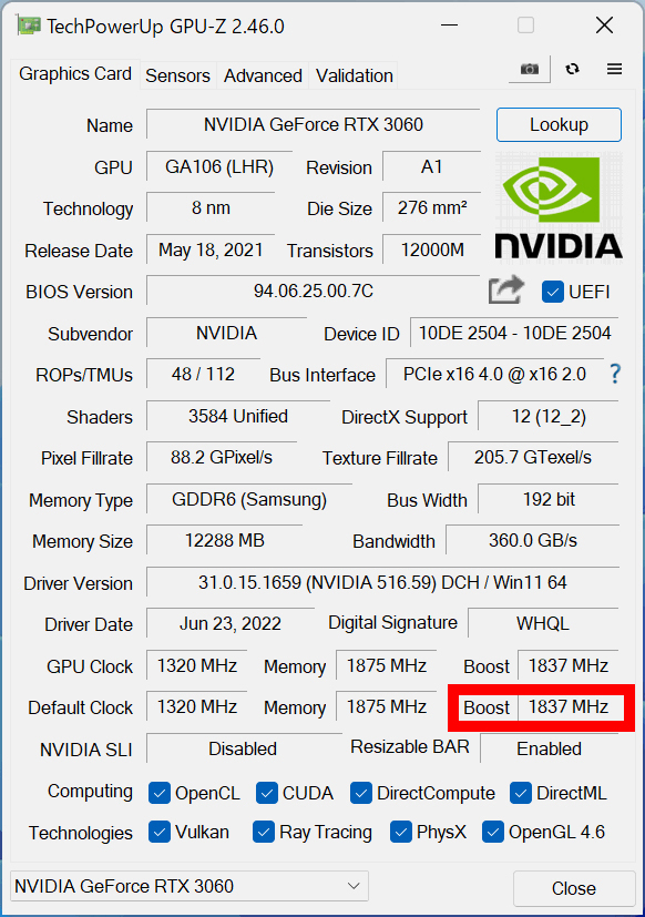 GPU-Zでの表示。OCモデルなので、ブーストクロックが定格の1,777MHzから1,837MHzにアップされている