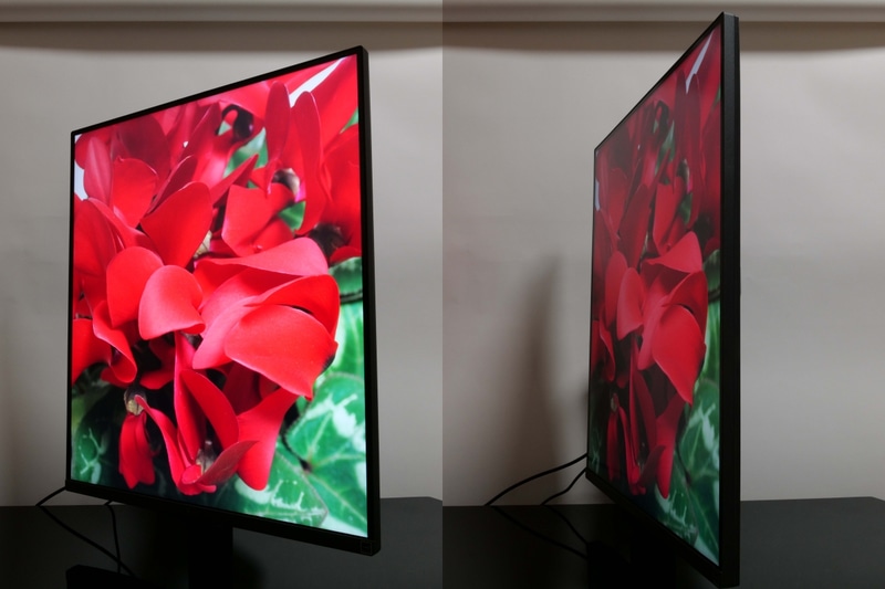 視野角は上下左右178度と広く、斜めから見ても、明るさや彩度の変化は少ない