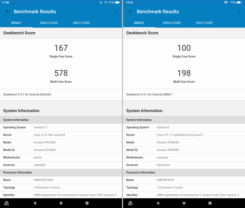 「GeekBench 5」によるベンチマークスコアの比較。左が本製品(第12世代)、右が従来モデル(第9世代)。性能の向上は明らかだ