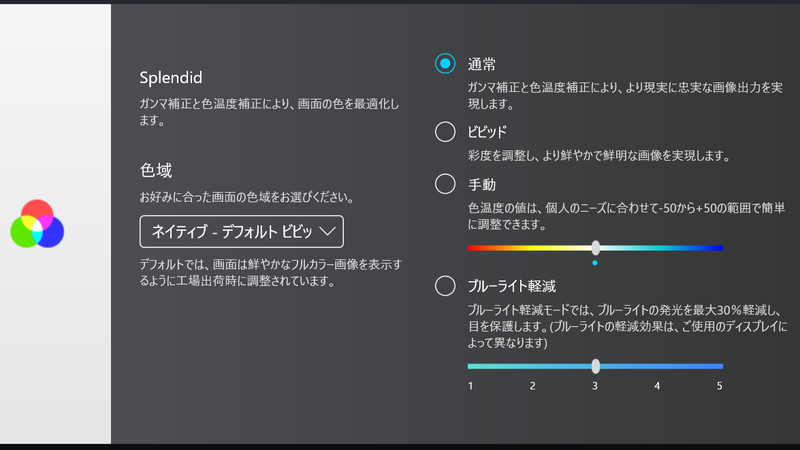 そのほかASUSノートPCでおなじみのSplendidからは、sRGB、DCI-P3、Display P3といった色空間モードが切り換えられる